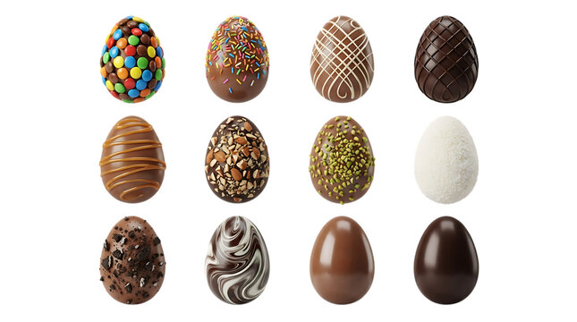 A collection of twelve assorted decorative chocolate easter eggs featuring various toppings and textures isolated on transparent background