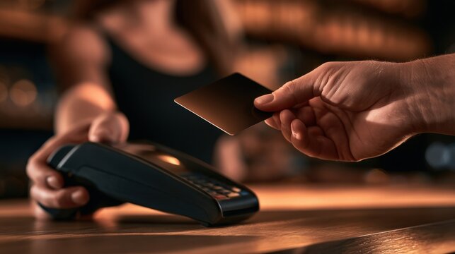 Hand holds card near payment terminal