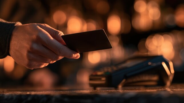 Hand holds card above payment terminal