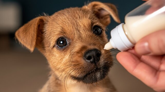 Cute puppy stares with wide, curious eyes