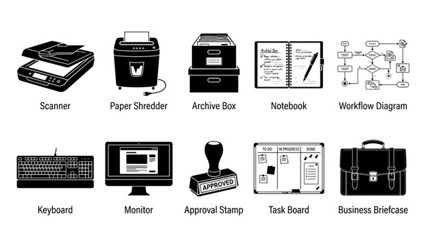 Scanner, Paper Shredder, Archive Box, Notebook and Workflow Diagram Icons for Office Workflow Concept