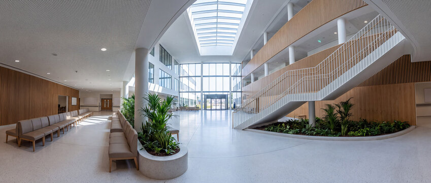 An ultra wide architectural view of a modern hospital atrium with a glazed facade, long skylight, open staircase, oak slat cladding and planted beds, all signage surfaces blank. Straight verticals.