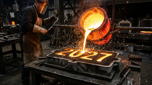Molten metal poured into 2027 sand mold in industrial foundry with industrial