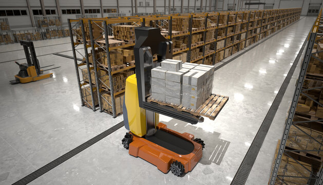 A robotic automated guided vehicle transports goods in a modern warehouse