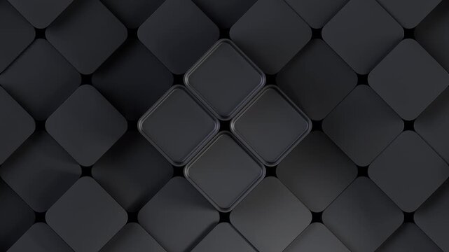 Looping 3d animation of dark matte rounded cubes, seamless abstract geometric background with moving black square blocks. 3d rendering not AI