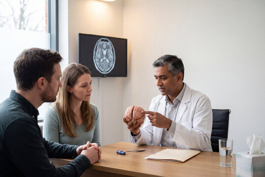 A neurologist holds an anatomical brain model open along the midline and indicates a lobe while a patient and her partner follow his hand, worry shifting toward comprehension. Even daylight and.