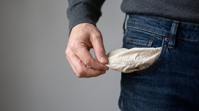 Hand pulling an empty jeans pocket inside out to illustrate cash shortage financial hardship budget pressure and lack of available money