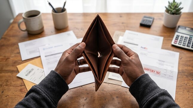 Empty wallet over unpaid household bills symbolizing financial stress rising living costs budget deficit and personal money shortage