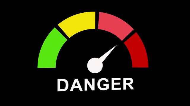 Danger gauge meter animation with moving needle indicating risk levels on black background indicator