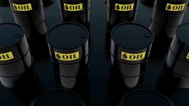 Black Fuel Drums with Oil Sign on Industrial Floor Horizontal