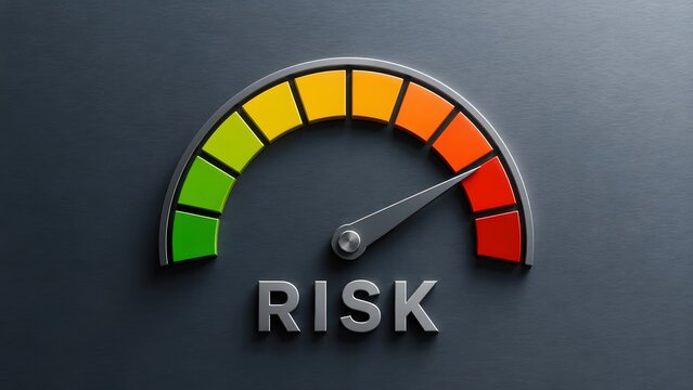Risk assessment meter pointing to high danger level on color gradient scale symbolizing financial crisis evaluation and business hazard warning