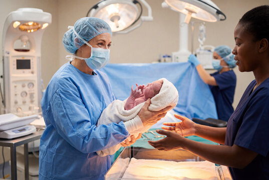 An obstetrician lifts a just delivered newborn in a warm towel toward a midwife waiting beside the infant warmer in a caesarean theatre. Clinical steel meets the amber glow of the resuscitaire in.