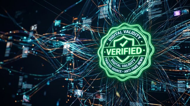 Verified digital validity badge on abstract data network background