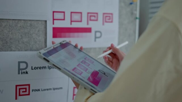 young female designer stands beside a pinboard filled with branding sketches and logo drafts in a bright, modern office, thoughtfully analyzing design variations for a corporate identity project.
