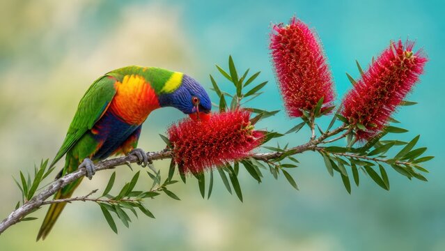 Rainbow Lorikeet Feeding on Red Bottlebrush Flowers