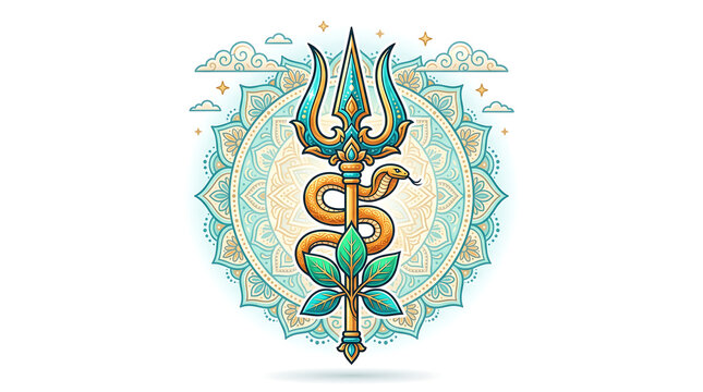 Centered symmetrical Shiva emblem with bilva leaves and trident on white
