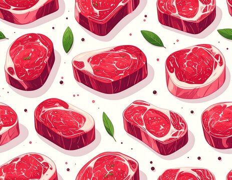 Seamless raw beef steak pattern, flat 2D illustration, fresh red beef cuts and ribeye steaks arranged evenly