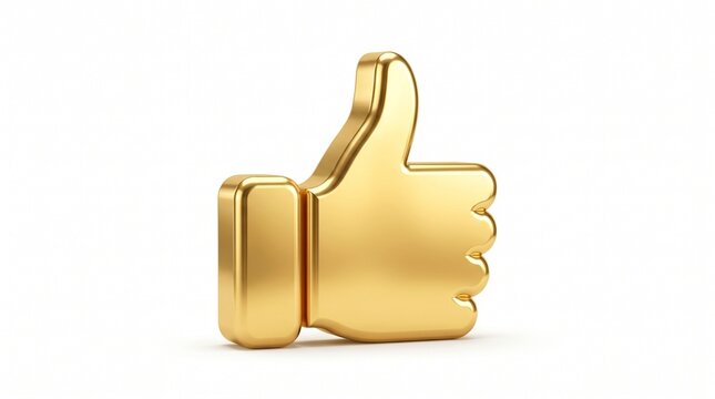 Golden thumbs up icon on white background, metallic gold hand gesture for success and approval, 3d render of premium social media like button