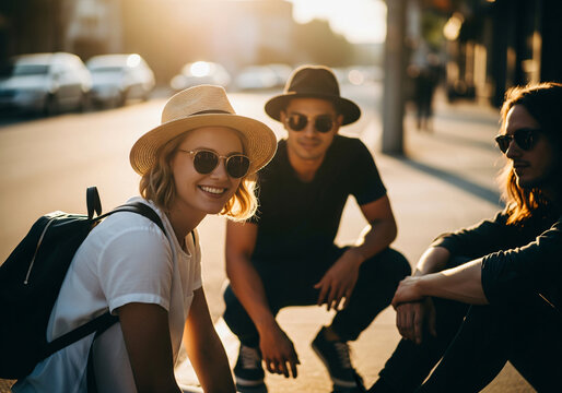 A young woman with long brown hair is smiling and wearing sunglasses, along with her group of friends.