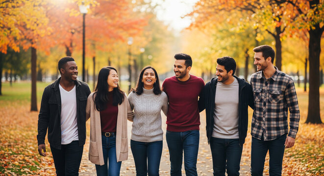 A group of friends walking through a park filled with colorful fall leaves, stopping to take pictures and capture the beauty of the season