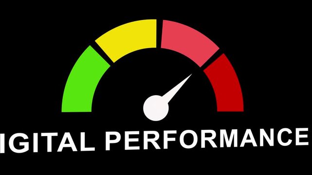 Digital performance gauge animation: measuring business growth, seo success, and marketing analytics metrics with dynamic speedometer indicator