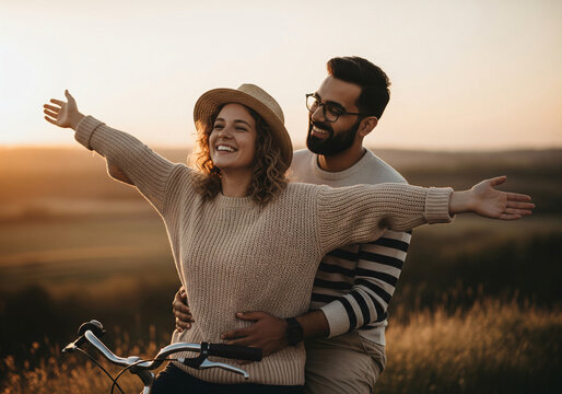 Happy casual couple going for a bike ride on the pier.