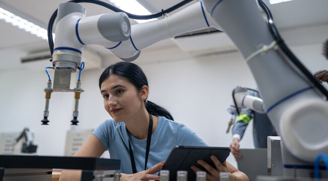 Robotic Precision: A young woman, a student or engineer, closely observes a robotic arm as she holds a tablet, embodying the future of automation and technological advancement.