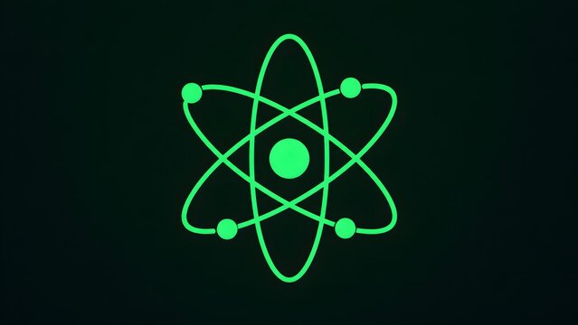 Green glowing atom symbol on dark background representing quantum computing technology and nuclear science energy innovation.