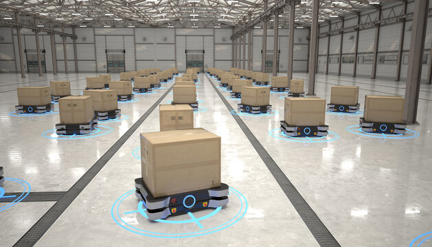 A robotic automated guided vehicle transports goods in a modern warehouse