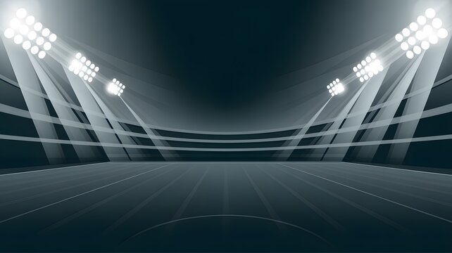 Massive empty stadium illuminated by bright powerful floodlights casting dramatic beams across the dark green grass field at night time