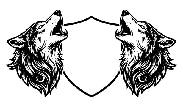 Two Howling Wolf Heads Heraldic Vector with Blank Shield Copy Space Black and White