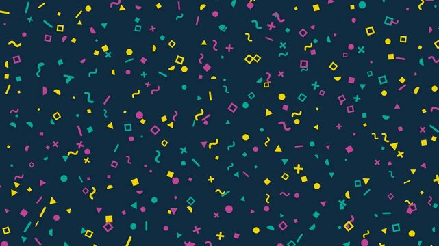 Colorful Memphis style geometric shapes vibrating and shifting on a dark navy background
