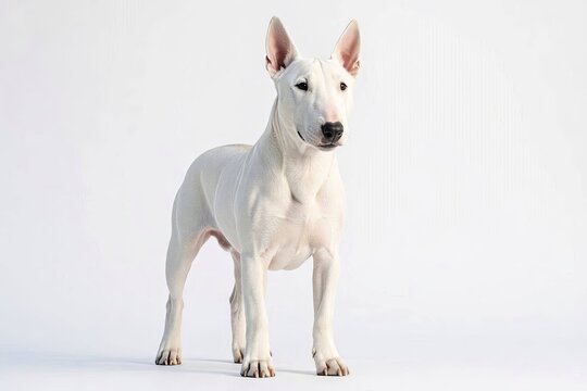 A white Bull Terrier with erect ears stands confidently against a white background