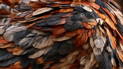 Obraz premium Detailed Close-Up of Vibrant Bird Feathers Showcasing Rich Textures and Colors in Shades of Brown, Black, Orange and Cream for Nature Lovers or Wildlife Enthusiasts