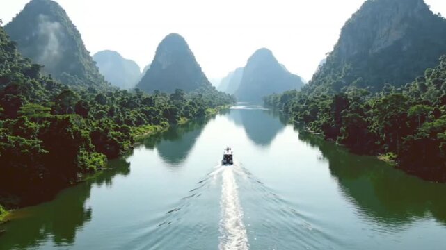 Aerial view of boat cruising through emerald river surrounded by dramatic limestone karst mountains and lush tropical jungle landscape in Southeast Asia motion.