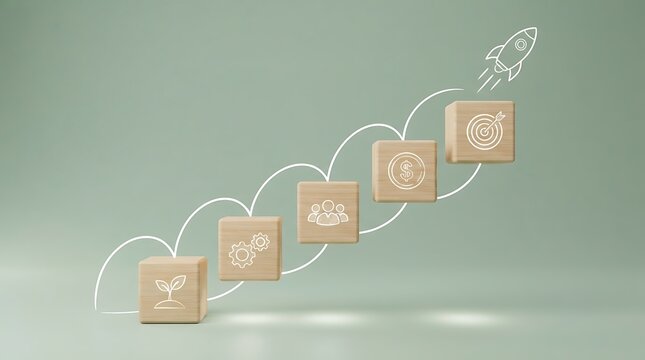 Digital growth stages with ascending percentage blocks. Business success milestones visualized through 3D rising cubes.