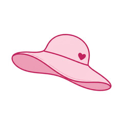 Fototapeta premium Stylish light pink sun hat in a three-quarter view with a wide undulating brim, magenta outlines and a dark pink heart on white, playful summer fashion atmosphere