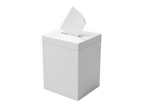 White cardboard voting ballot box with paper slip isolated on transparent background