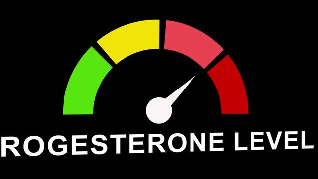 Progesterone level gauge indicator animation, hormone health monitoring concept, medical diagnostic tool for fertility and endocrine system analysis on black background