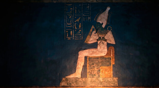Dark ancient Egyptian wall painting of the god Osiris seated on a throne with hieroglyphics and copy space