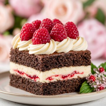 Chocolate sponge cake slice with vanilla cream filling and fresh raspberries on white plate, elegant homemade dessert close up
