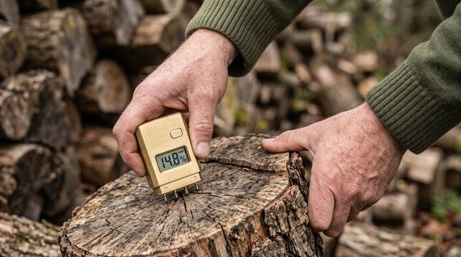 Woodworker testing firewood moisture content with digital meter outdoors.