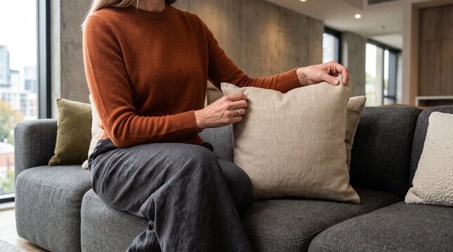 Woman arranging pillow on modern sofa in living room