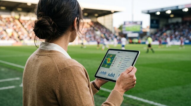 Professional woman analyzing soccer data on tablet at outdoor football stadium.