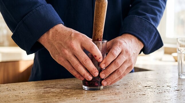 Man muddling fresh berries with wooden pestle in glass at kitchen counter.