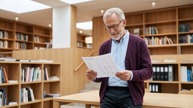 Senior man reading financial balance sheet in a modern library office.