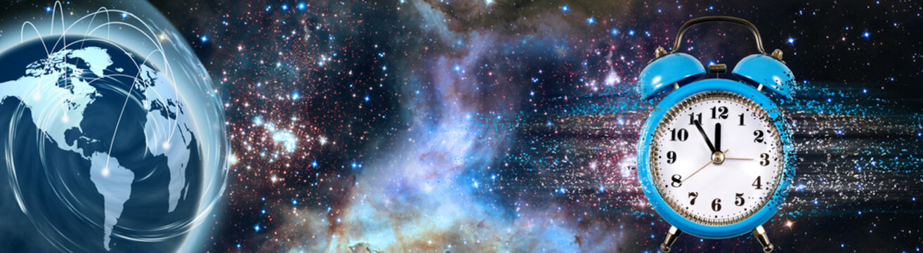 Clock showing time in space with Earth in the background and stars shining brightly at night
