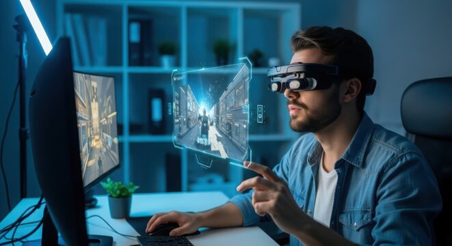 Game developer immersed in virtual reality technology, interacting with futuristic augmented reality interfaces