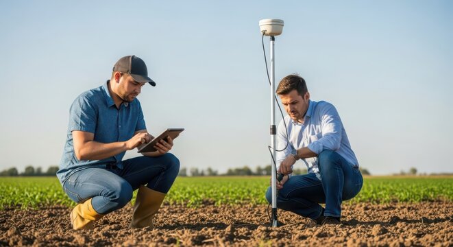 Geospatial engineer collecting soil data in a field using advanced technology and a tablet