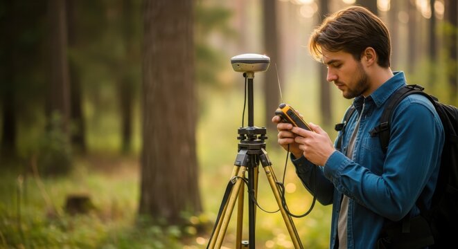 GIS engineer collecting precise GPS data with advanced equipment in a sunlit forest setting